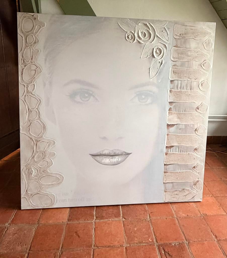Sabine Kleiren schilderij vrouw 150x150!, Ophalen, Oorspronkelijke maker, 125 cm of meer, Zo goed als nieuw