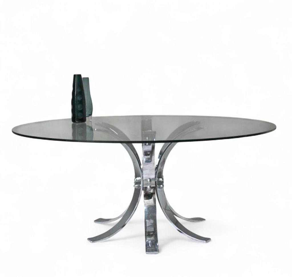 Ronde glazen salontafel met RVS onderstel, Antiek en Kunst, Ophalen