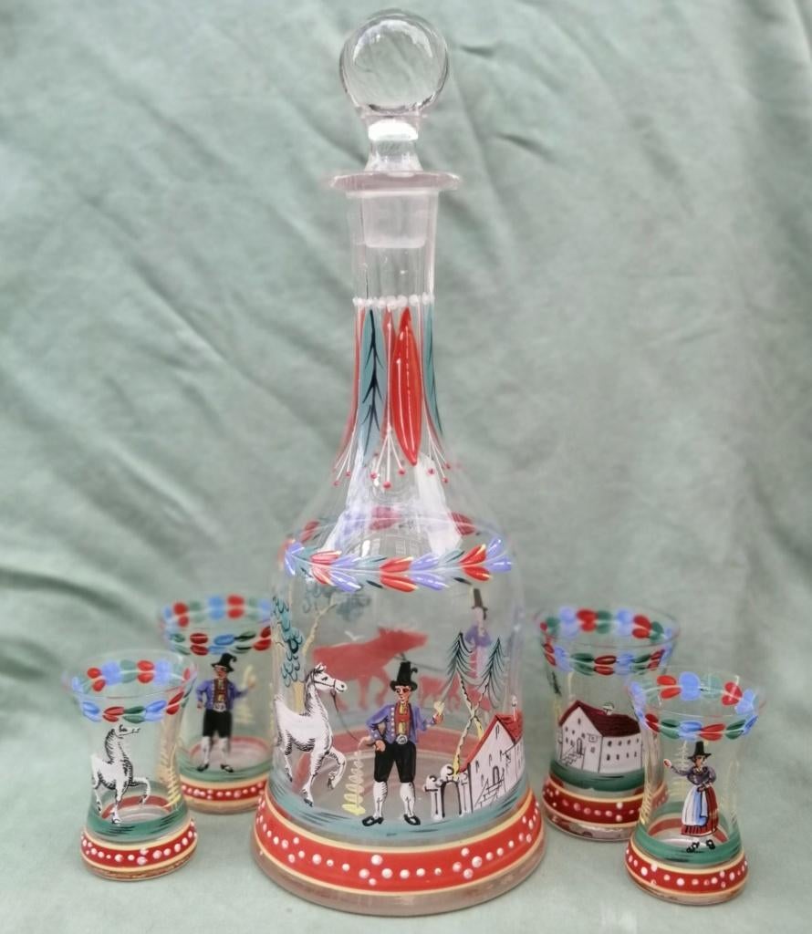 Antieke jeneverfles met 4 glaasjes - Emaille beschilderd, Antiek en Kunst, Antiek | Glas en Kristal, Ophalen of Verzenden