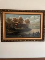 Antiek schilderij met landschap en boerderij in sierlijst, Ophalen of Verzenden