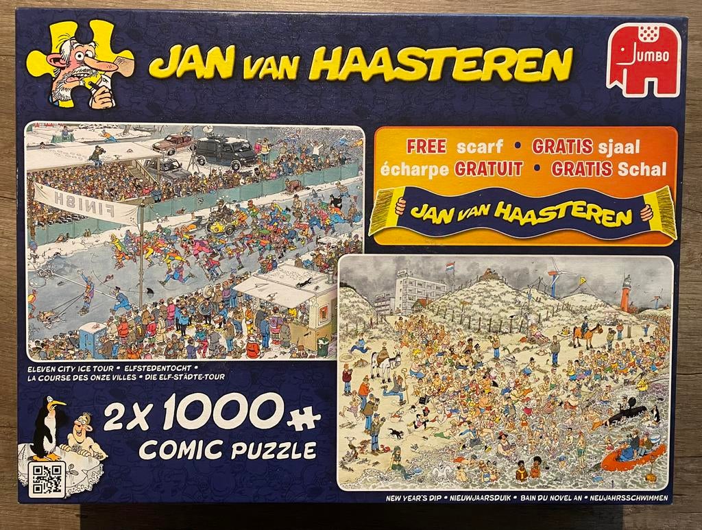 Jan van Haasteren 2x 1000 stukjes puzzel met sjaal, Ophalen of Verzenden, 500 t/m 1500 stukjes, Zo goed als nieuw