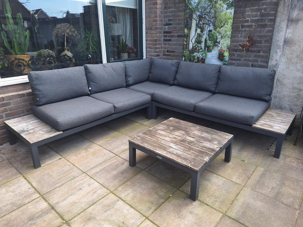 Z.g.a.n. hoek loungebank , tuinset , met tafel en kussens, Tuin en Terras, Tuinsets en Loungesets, Ophalen, 5 zitplaatsen, Bank