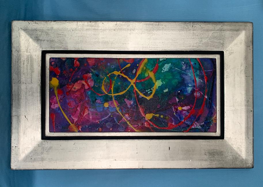 Modern kleurijk olieverf schilderij in zilveren lijst 1980, Ophalen of Verzenden