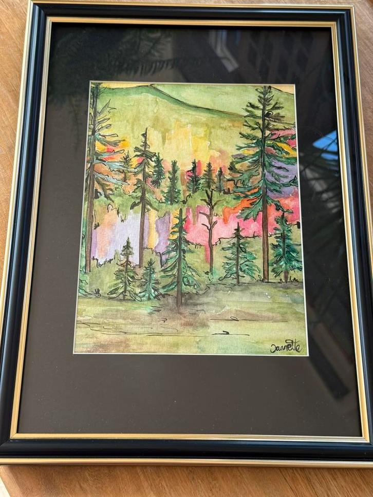 Kunst /Aquarel kleurrijk bomenbos, Antiek en Kunst, Kunst | Schilderijen | Klassiek, Ophalen of Verzenden