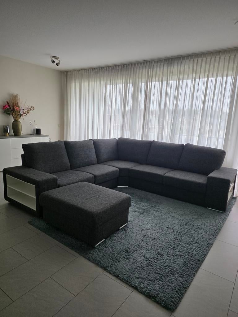 Hoekbank met vrijstaande hocker en ingebouwde kastjes, Ophalen of Verzenden, Gebruikt, Stof