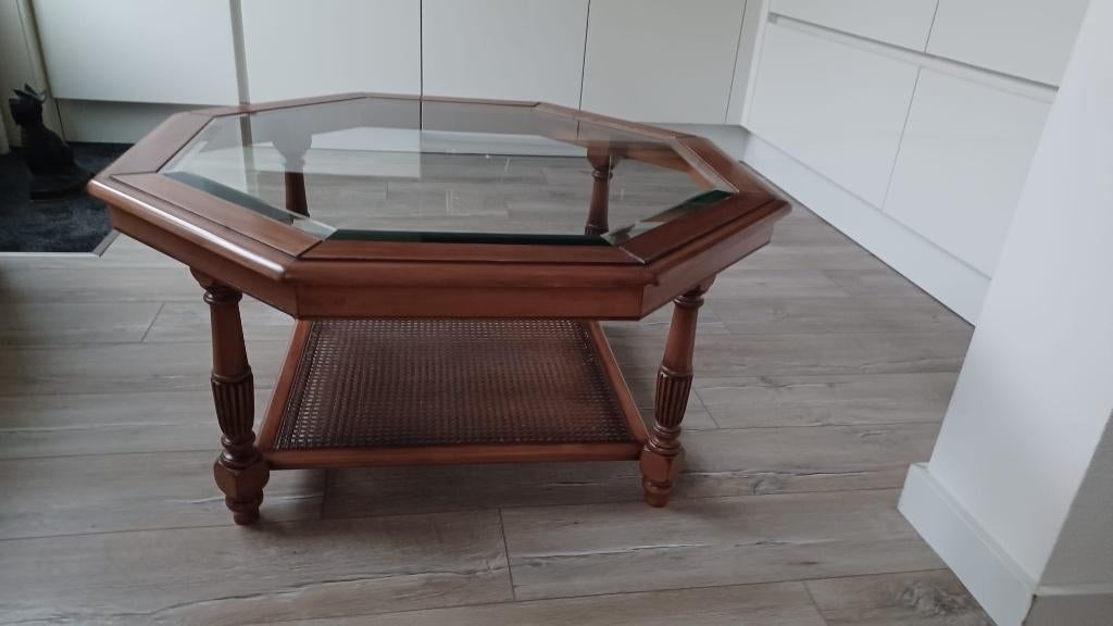 salontafel kersenhout 8 hoekig met geslepen glas, Huis en Inrichting, Tafels | Salontafels, Ophalen, Gebruikt, 50 tot 100 cm, Klassiek