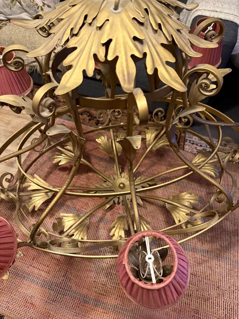 Gouden Kroonluchter met Roze Lampenkappen, Ophalen, Gebruikt, Metaal