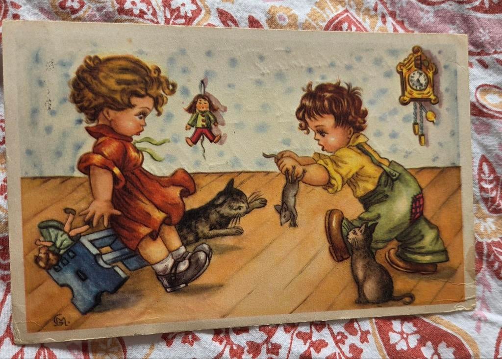 Kinderen spelen met muis en poezen, Verzenden, 1940 tot 1960, Gelopen, Kinderen