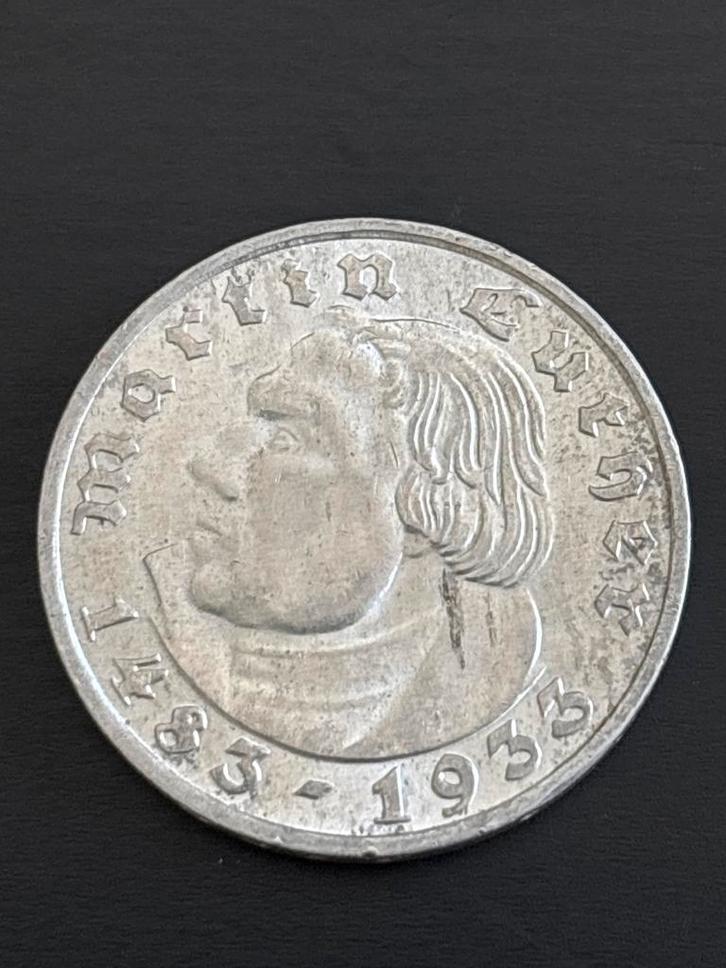 Duitse munt 1 Reichsmark 1933 Martin Luther, Postzegels en Munten, Munten | Europa | Niet-Euromunten, Losse munt, Duitsland, Zilver