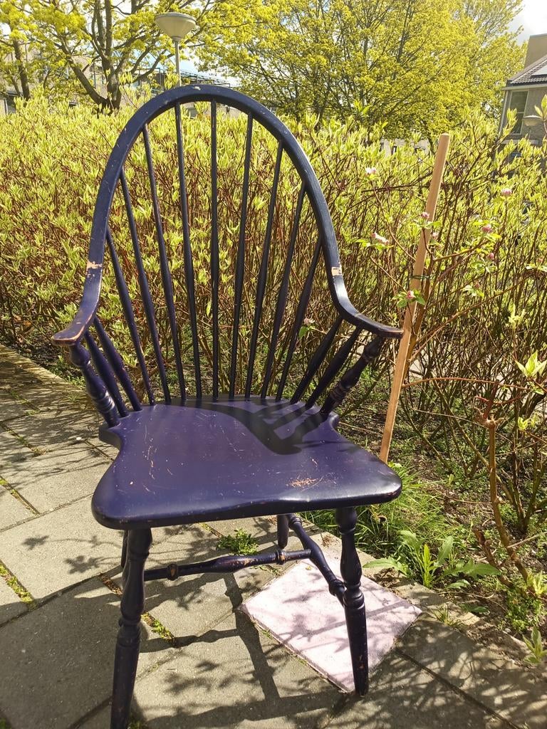 Vintage Windsor stoel, donkerblauw, houten eetkamerstoel, Ophalen