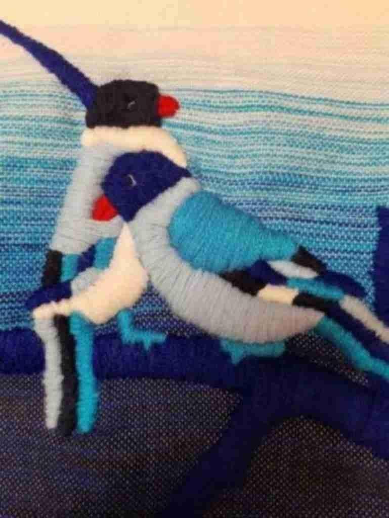 Geweven kleed heldere blauwe kleuren vogel applicatie, Gebruikt, Etten-Leur, DJT@dejuistetoon.eu, Ophalen of Verzenden