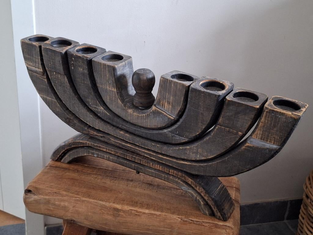 Stoere robuuste kandelaar,hout,sober,hoffz inrichting, Ophalen of Verzenden, Zo goed als nieuw