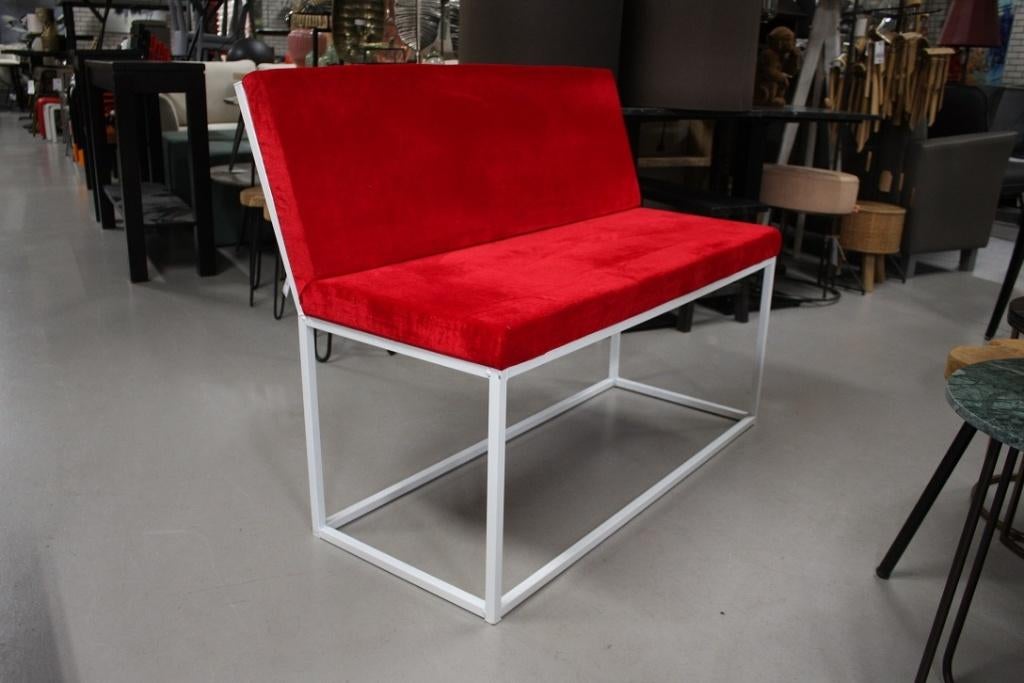 Leuke eetkamerbank metaal stof velvet wit rood wachtruimte, Ophalen, Zo goed als nieuw, Stof, Eén