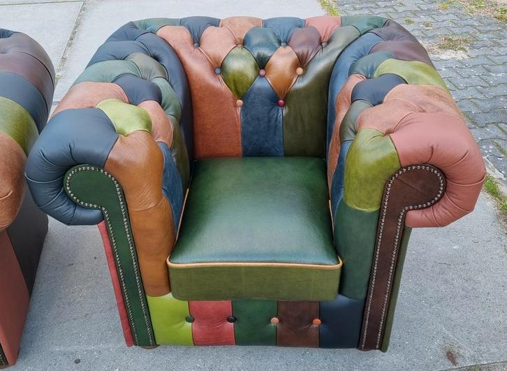 2x Chesterfield fauteuil Patchwork Jungle + GRATIS BEZORGING, Huis en Inrichting, Fauteuils, Zo goed als nieuw, Leer, 75 tot 100 cm