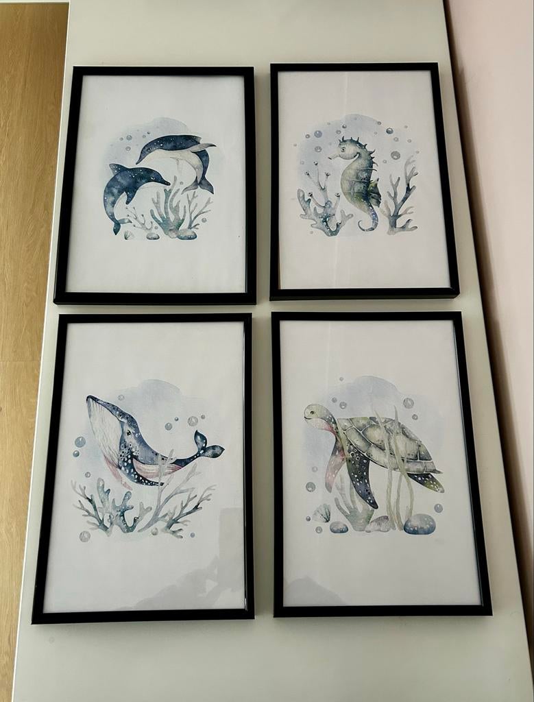 Kinderkamer Schilderijen Zee Dieren (4 stuks), Kinderen en Baby's, Kinderkamer | Inrichting en Decoratie, Ophalen, Zo goed als nieuw