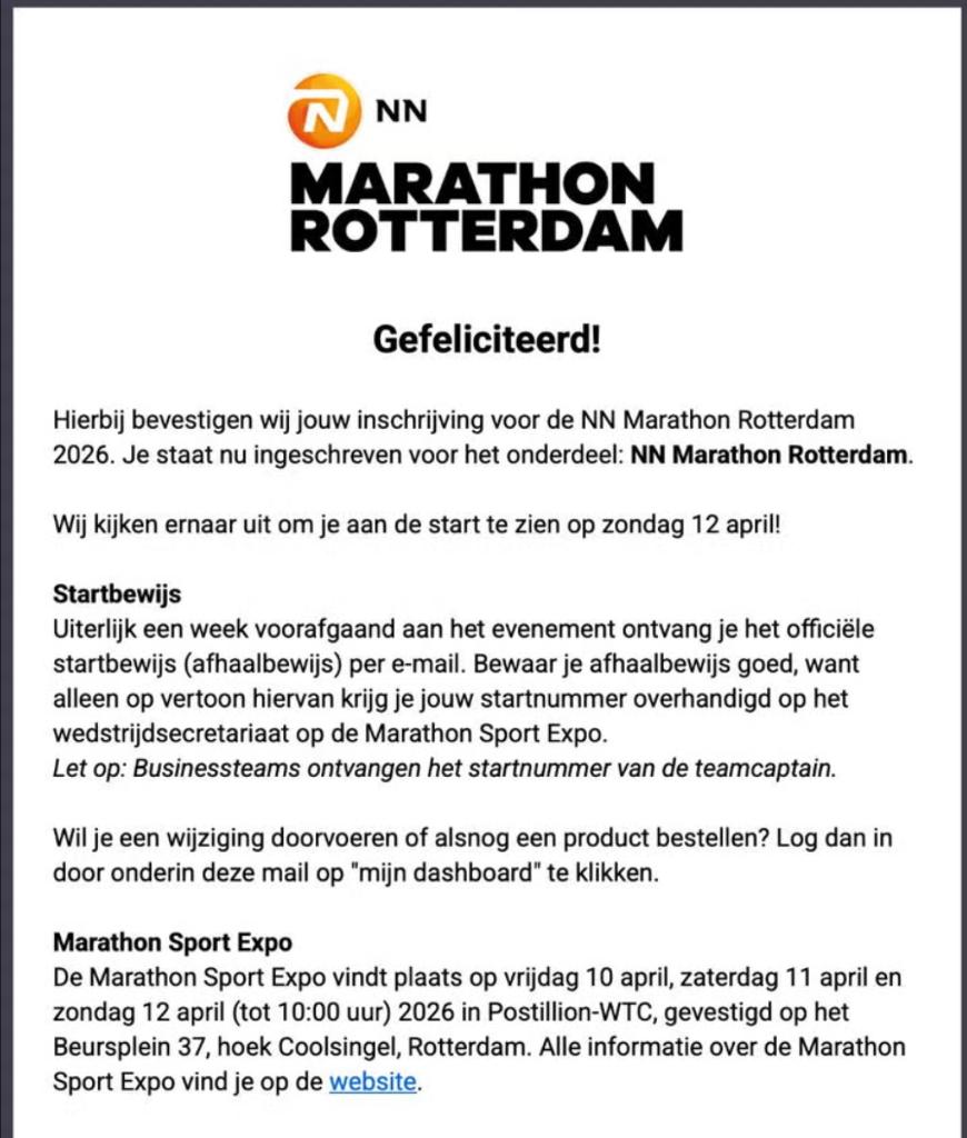Startbewijs marathon rotterdam, Eén persoon