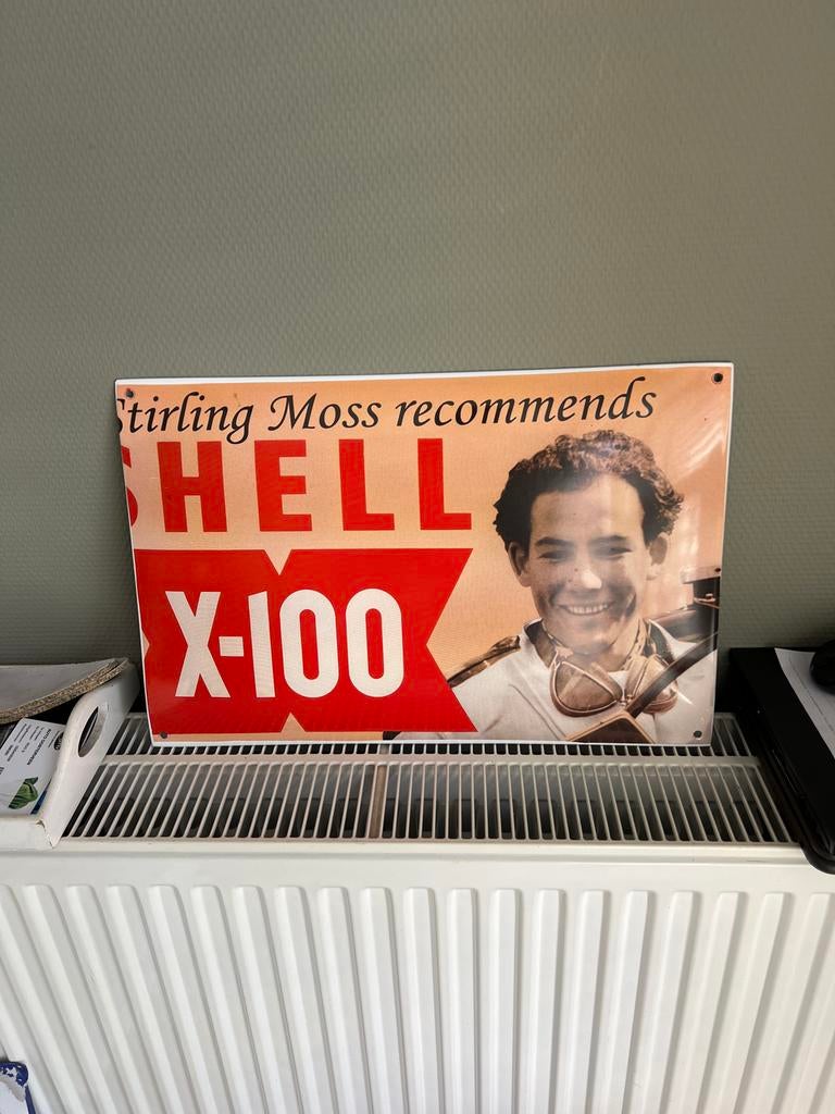 Emaille reclamebord Shell X-100 met Stirling Moss, Ophalen of Verzenden