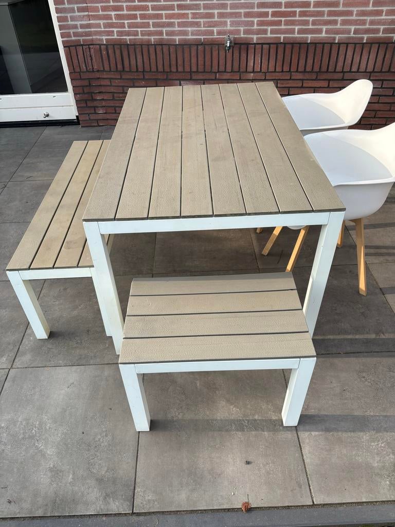 Tuinset 6 personen met tafel, 2 banken en 2 stoelen, Tuin en Terras, Tuinsets en Loungesets, Ophalen, Overige materialen, Gebruikt