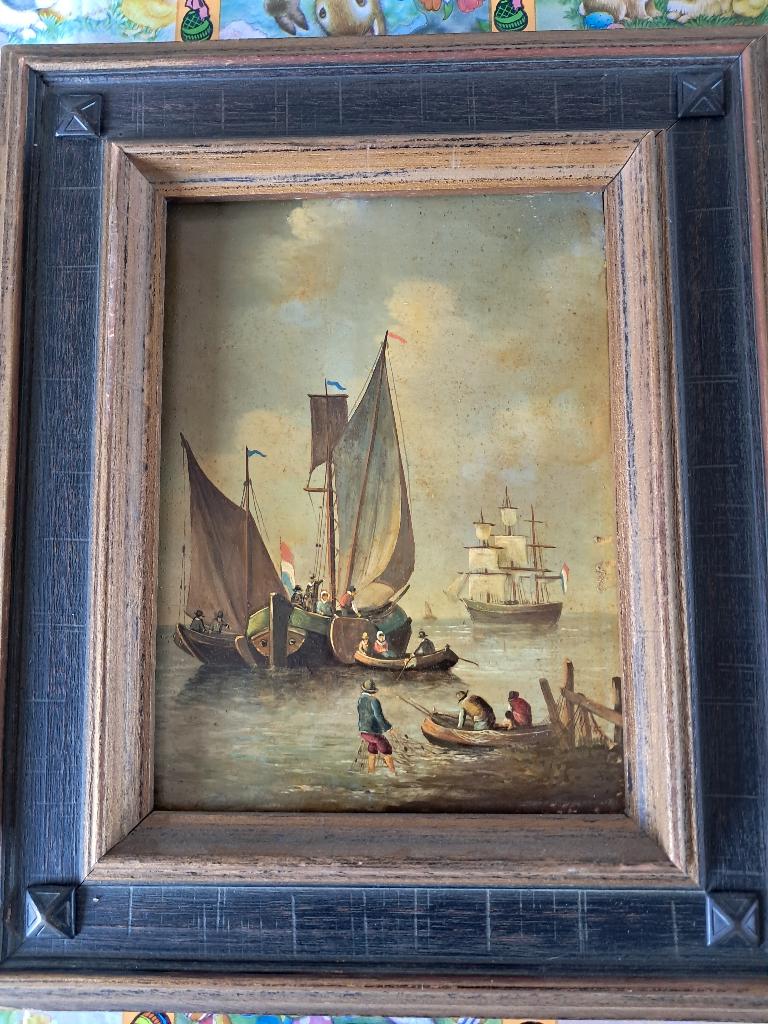 Olieverf schilderij met Hollandse schepen op zee nabij kust, Ophalen of Verzenden