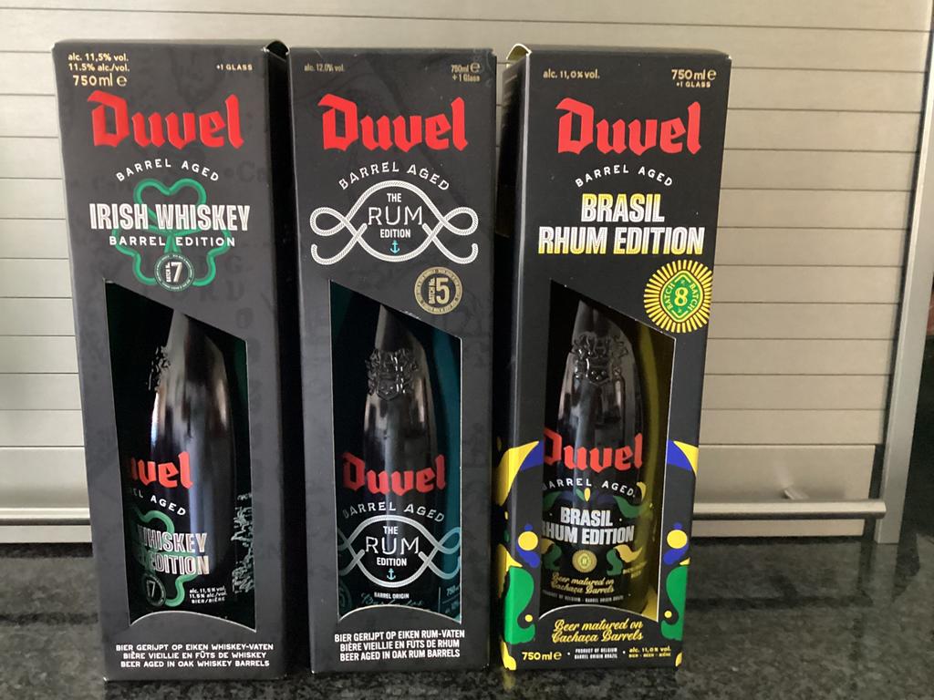 Lege duvel hertog jan en la trappe flessen met doos en ander, Ophalen of Verzenden, Zo goed als nieuw, Flesje(s), Hertog Jan