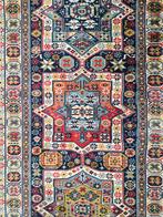 Vintage Perzisch wol vloerkleed Kazak blue stars 70x142cm, Perzisch, Oosters, Klassiek, Vintage, Gebruikt, 100 tot 150 cm, Crème