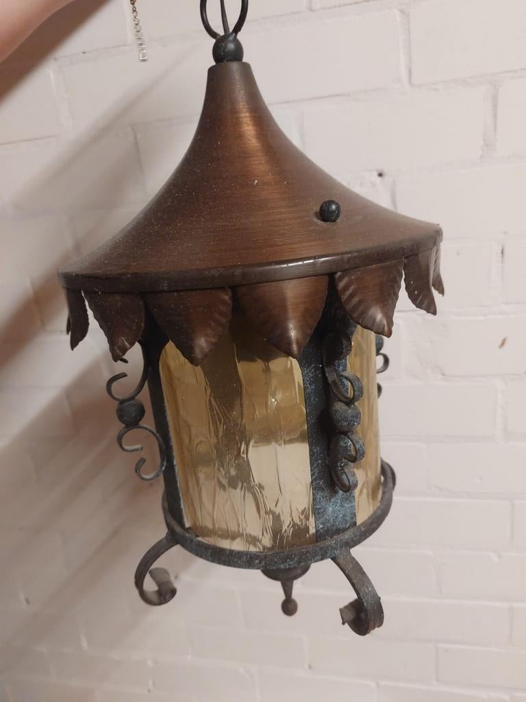 Koperen Ganglamp met mat glazen ruitjes