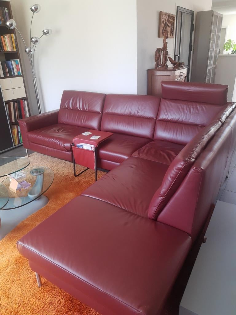 Prominent Donkerrode Leren Hoekbank met Elektrische Relaxfun, Ophalen, 250 tot 300 cm, Gebruikt, Hoekbank