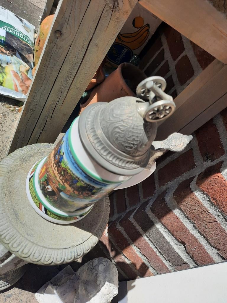 Vintage bierpul met tinnen deksel., Antiek en Kunst, Ophalen of Verzenden