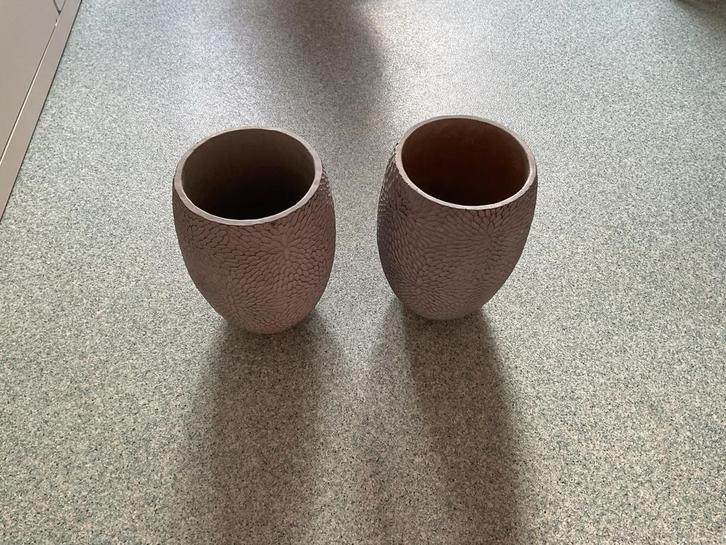 Set stenen bloempotten, Tuin en Terras, Bloempotten, Gebruikt, Steen, Binnen, Minder dan 40 cm, Minder dan 25 cm, Rond, Ophalen of Verzenden