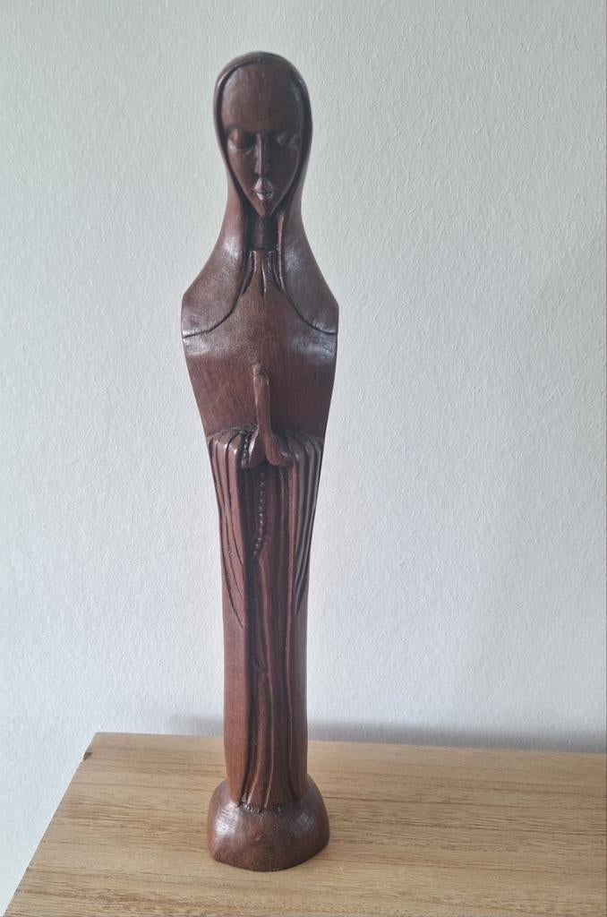 Antieke houten Madonna beeld - Handgesneden, Ophalen of Verzenden