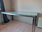 Rvs tafel met blad van gebroken glas., Ophalen, 150 tot 200 cm, 150 tot 200 cm, Rechthoekig