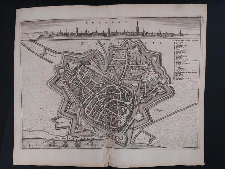 20 / Plattegrond van Zutphen Gravure uit 1657 J. Janssonius, Antiek en Kunst, Kunst | Etsen en Gravures, Ophalen of Verzenden