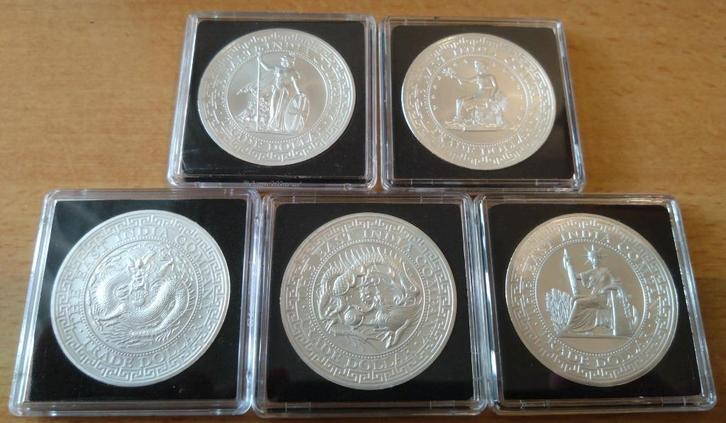 Zilver 5 x 1 oz munt - Trade Dollar Restrike - complete set, Postzegels en Munten, Edelmetalen en Baren, Zilver, Ophalen