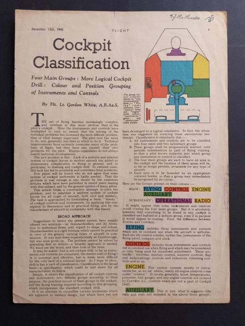 Blad met Cockpit Classification uit 1945 (N154), Verzamelen, Luchtvaart en Vliegtuigspotten, Gebruikt, Boek of Tijdschrift, Ophalen of Verzenden