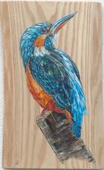 Schilderij ijsvogel op natuurlijk hout, Verzenden