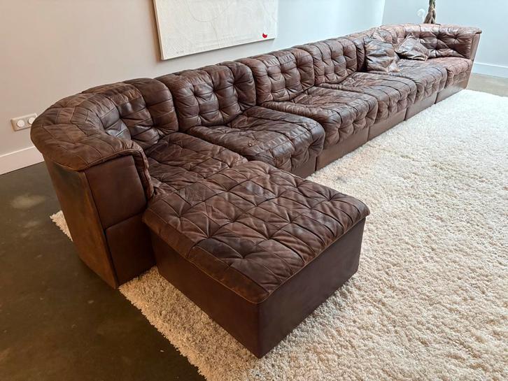 Vintage De Sede DS-11 modulaire patchwork leren bank 7 delen, Huis en Inrichting, Banken | Bankstellen, Gebruikt, Hoekbank, Vierpersoons of meer