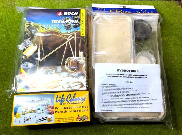 Noch + hydrofibre landschapsbouw en Elita verf H0, Hobby en Vrije tijd, Modeltreinen | H0, Zo goed als nieuw, Natuur, Gelijkstroom of Wisselstroom