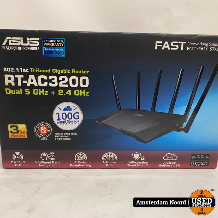 Asus RT-AC3200 Tri-band Gigabit Router, Computers en Software, Netwerk switches, Zo goed als nieuw