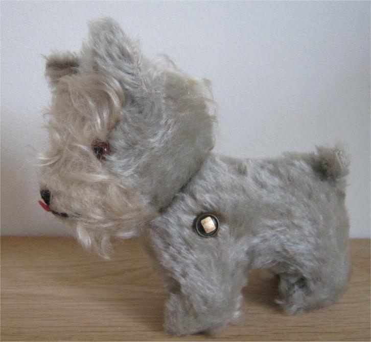 Grijs hondje, mohair, van het merk Grisly (jaren '50), Antiek en Kunst, Antiek | Speelgoed, Ophalen of Verzenden