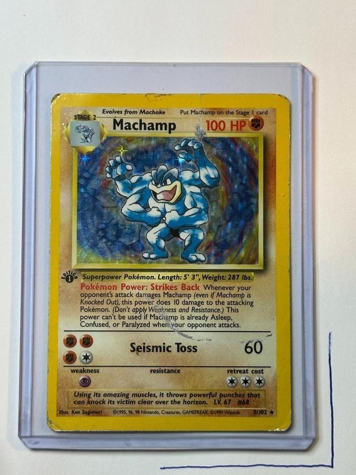 Machamp Base Set #8/102 First Edition, Hobby en Vrije tijd, Verzamelkaartspellen | Pokémon, Gebruikt, Losse kaart, Foil, Ophalen of Verzenden