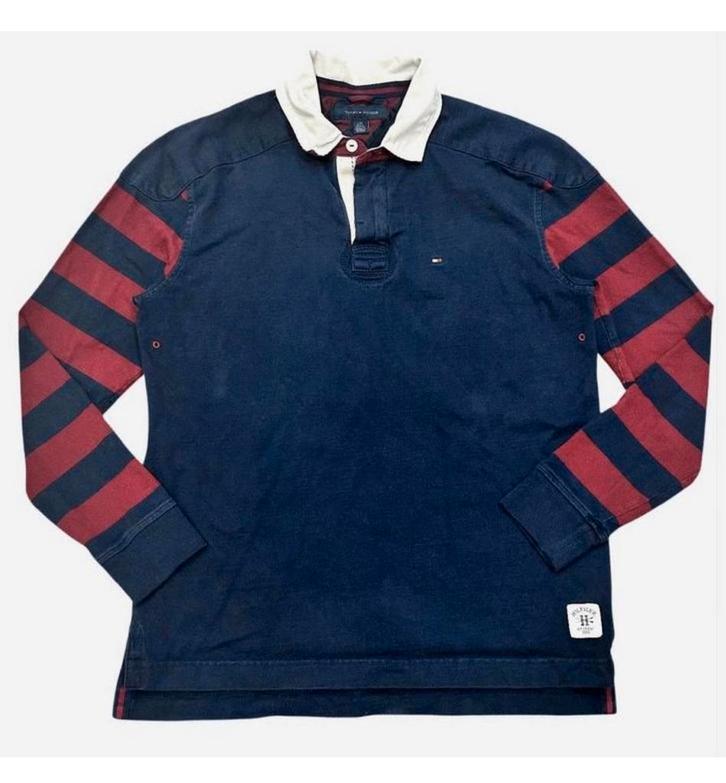Tommy Hilfiger Rugby Polo Shirt Longsleeve Maat L-G Navy/Red, Kleding | Heren, Polo's, Zo goed als nieuw, Maat 52/54 (L), Blauw