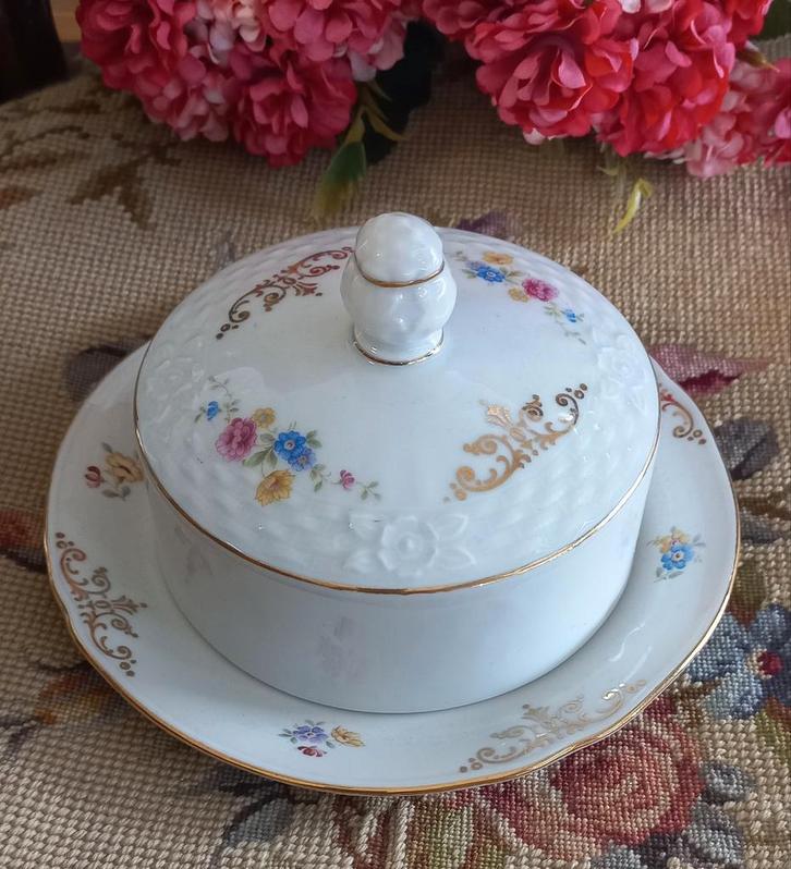 Prachtige brocante botervloot,roze/blauwe bloempjes,Bavaria, Antiek en Kunst, Curiosa en Brocante, Ophalen of Verzenden