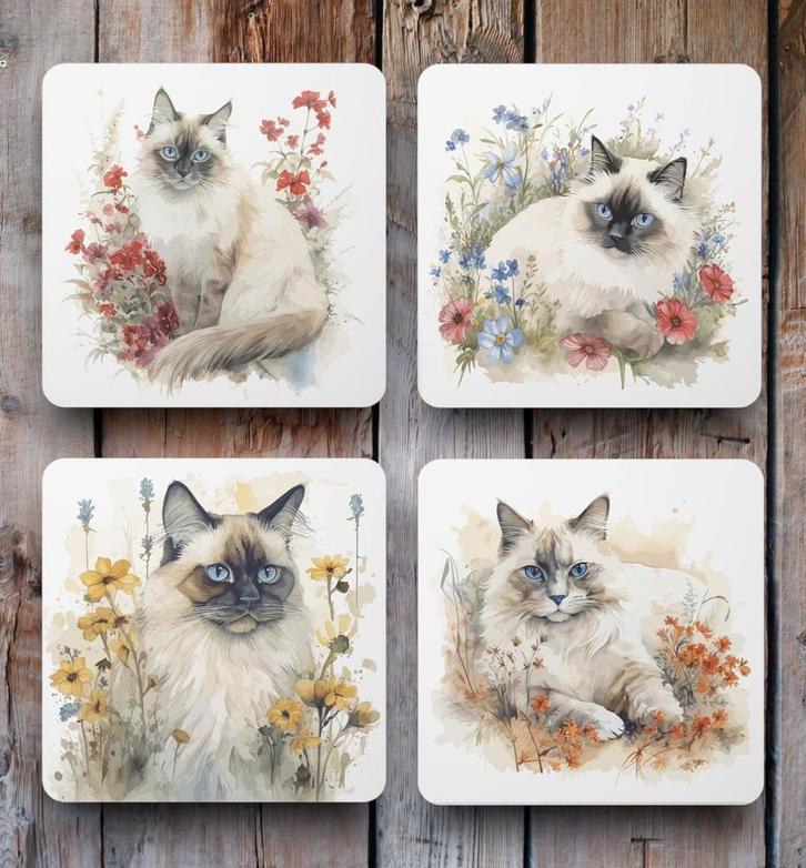 Heilige Birmaan Aquarel onderzetters met houder, Huis en Inrichting, Woonaccessoires | Onderzetters, Nieuw, Glas of Kopje, Ophalen of Verzenden