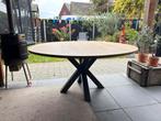 Ronde eettafel 160cm eiken blad, metalen kruispoot, Huis en Inrichting, Tafels | Eettafels, Ophalen, 150 tot 200 cm, Zo goed als nieuw