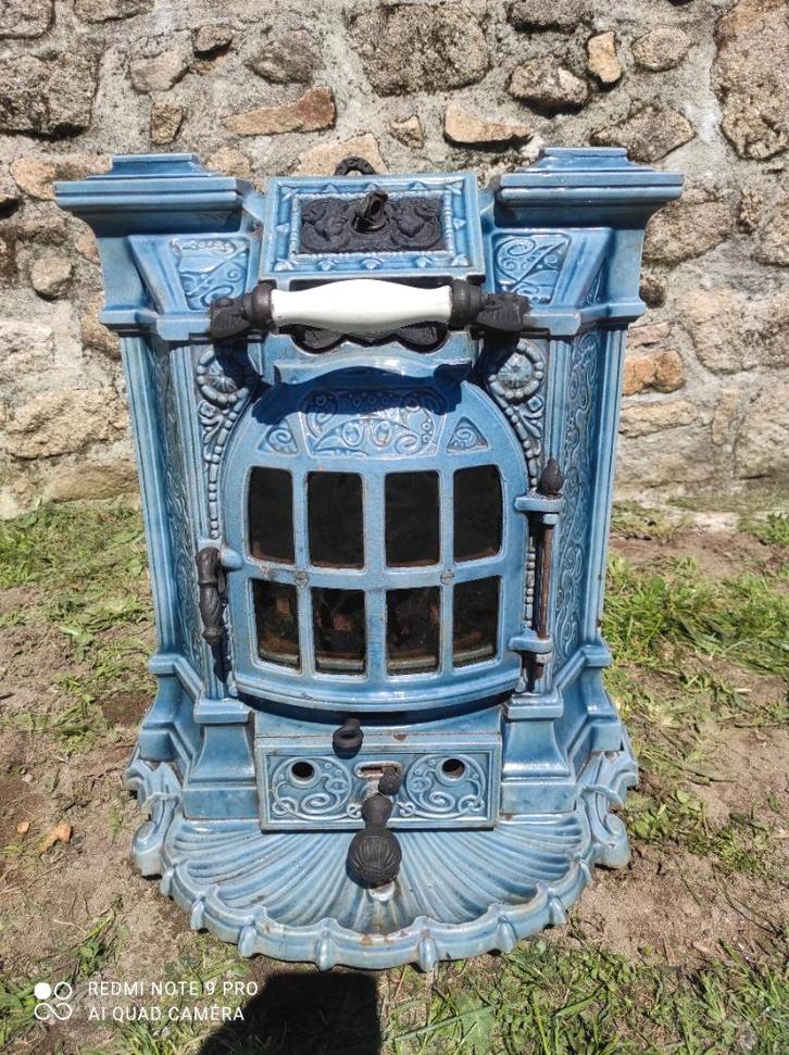 Schitterende unieke blauwe emaille Art-deco houtkachel, Huis en Inrichting, Kachels, Gebruikt, Vrijstaand, Houtkachel, Hout, Ophalen