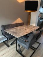 Mooie eettafel+ bankje + stoelen, Ophalen, Gebruikt, 4 tot 6 stoelen