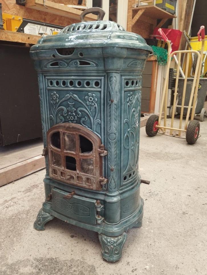 Antieke houtkachel Fonderies de Ciney – Art Nouveau emaille, Huis en Inrichting, Kachels, Gebruikt, Vrijstaand, Houtkachel, Hout