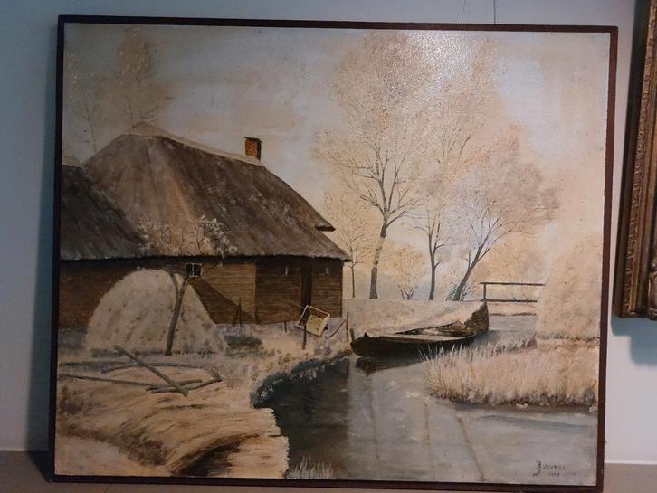 Schilderij boerderij aan het water – gesigneerd J. Verwer, Antiek en Kunst, Kunst | Schilderijen | Klassiek, Ophalen of Verzenden