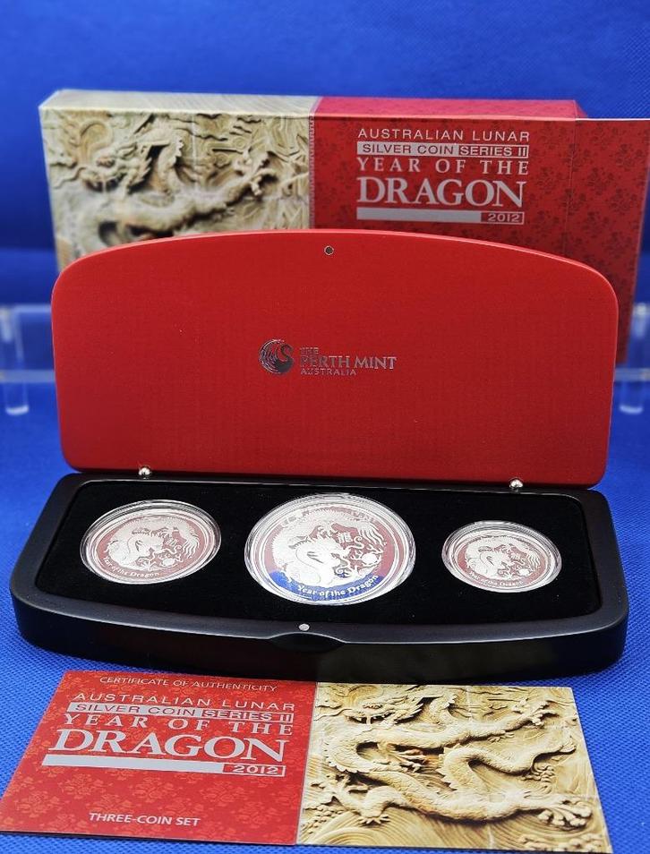 (9367)AUSTRALIA LUNAR II SET DRAGON 2012 PROOF 0,5 1 en 2 Oz, Postzegels en Munten, Munten | Oceanië, Setje, Zilver, Ophalen of Verzenden
