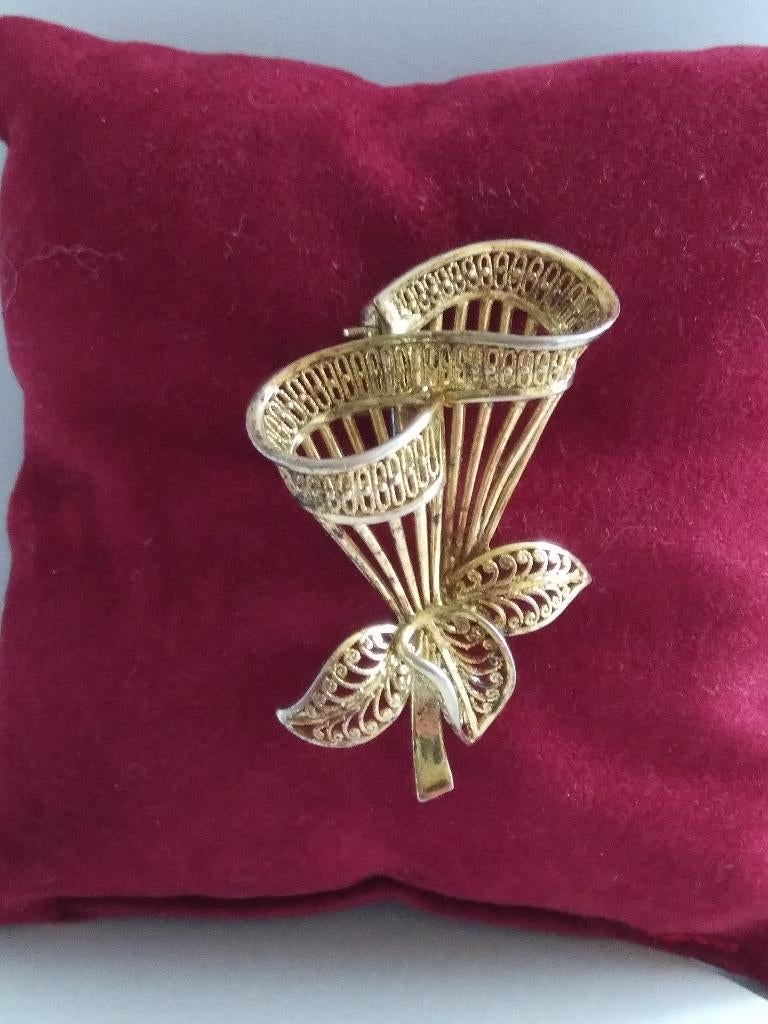 BROCHE/hanger goud-op-zilver (14k/835) 4,8x 3 cm Victoriaans, Ophalen of Verzenden, Zilver, Broche, Verguld